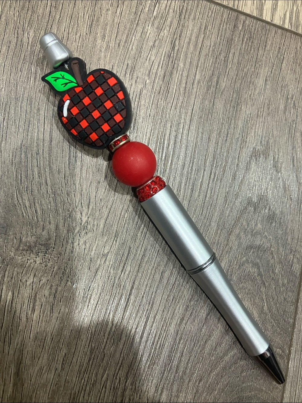 Hand Beaded Red and Black Plaid Apple Pen with Silver Barrel